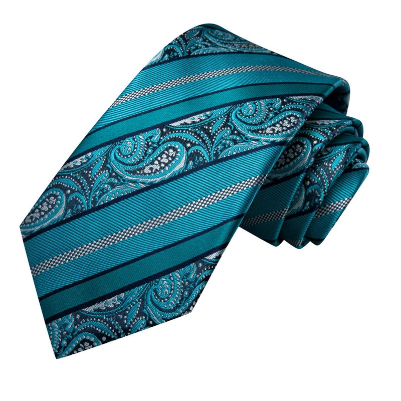 Hi-Tie Men 63inches Tie Set Extra Long Necktie Paisley Tie Pocket Suqare Cufflinks Big and Tall Men Tie,Teal - Image 4